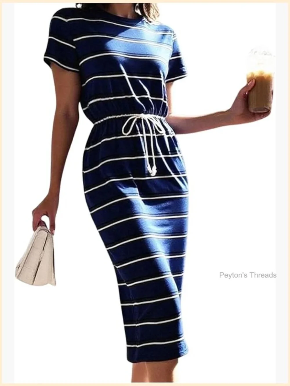 Women's Striped Midi Dress Short Sleeve Drawstring Waist Summer Work Casual - Picture 1 of 5